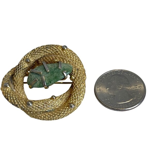 BSK Vintage Pin Textured Twisted Rope Knot Gold-Tone Brooch Green Stone Agate - Picture 5 of 9